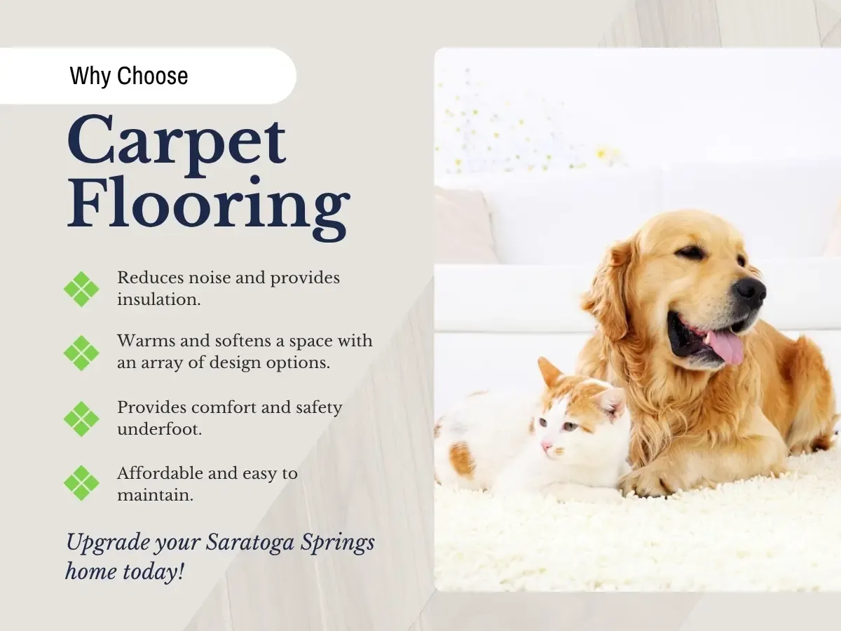A dog and cat relax on a soft carpet, showcasing a comfortable living space in Saratoga Springs, NY.