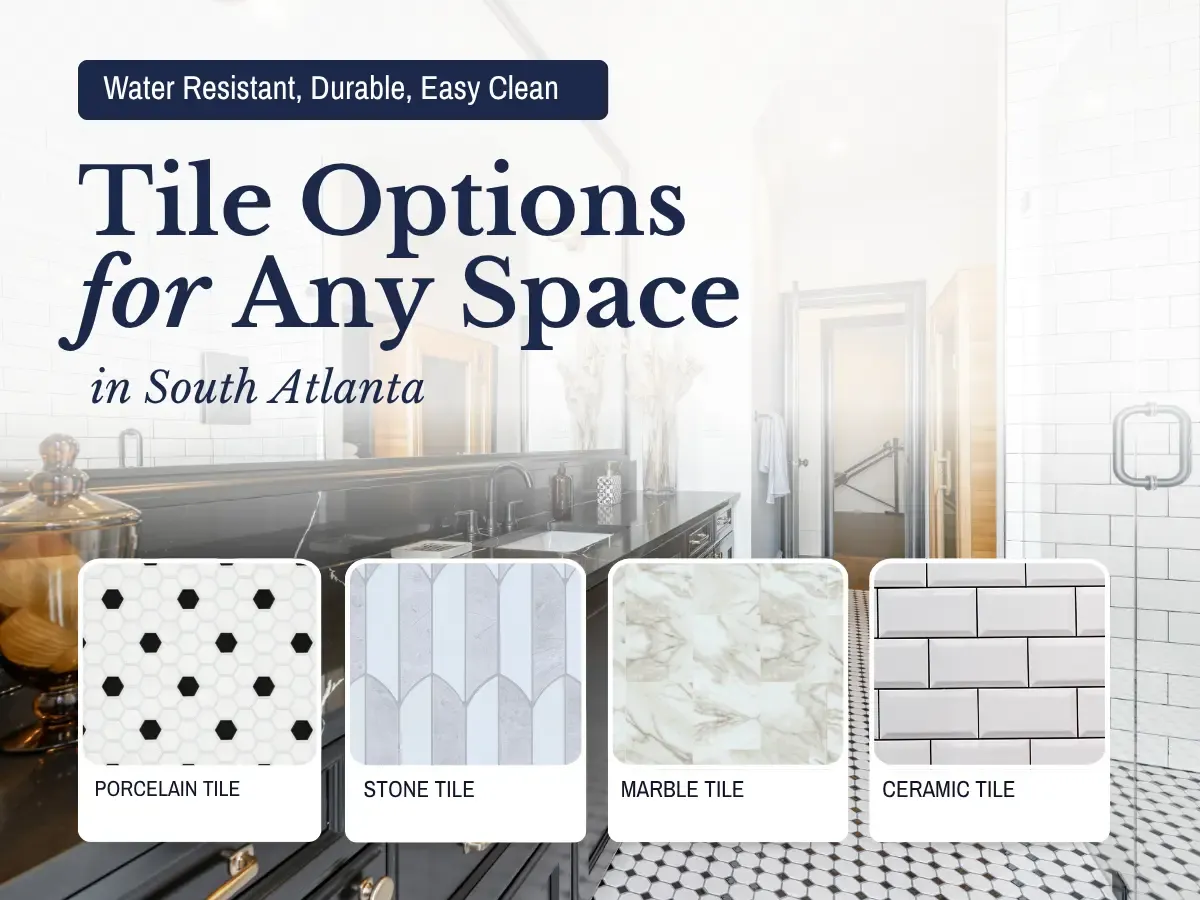 A display of various tile options showcasing colors and textures for interior spaces in South Atlanta.