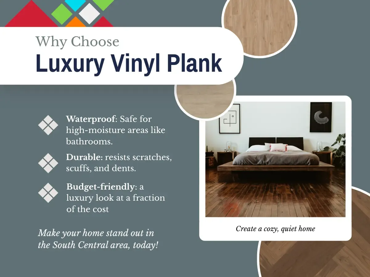 Close up of luxury vinyl plank flooring, highlighting its elegant design and resilience, ideal for modern interiors.
