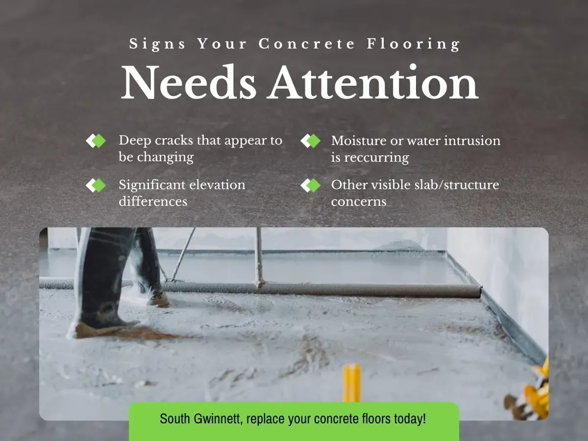 A worn concrete floor with visible damage, highlighting areas that require attention and restoration.