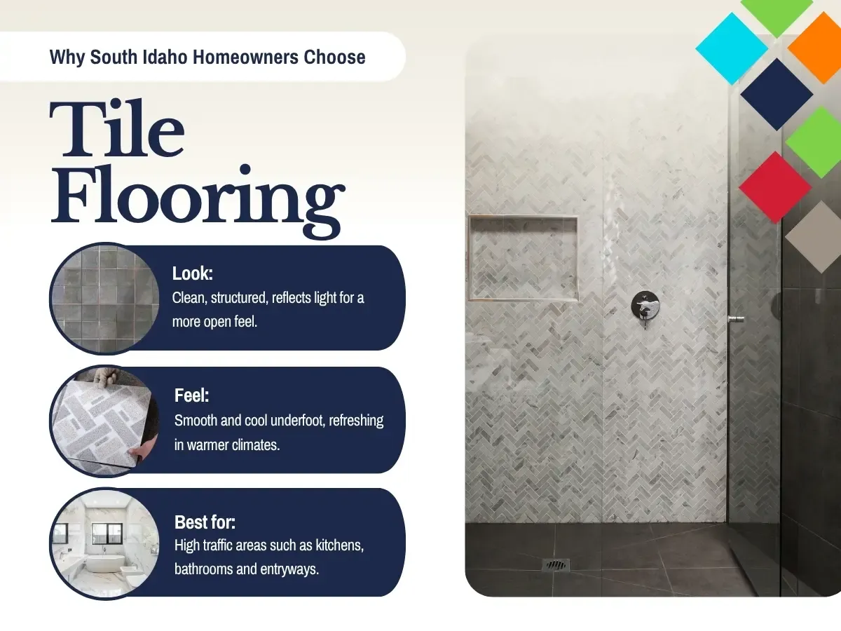 Tile flooring in Idaho Falls is a top choice due to its beauty and durability. Book a free in home consultation to learn more.