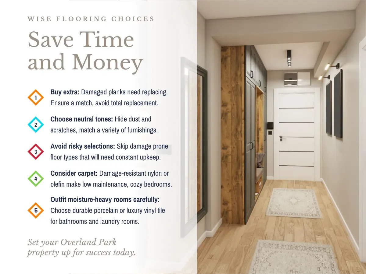 Informative poster featuring the phrase "Save Time and Money," targeting property managers for flooring tips in Overland Park
