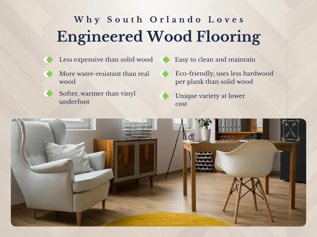 A selection of engineered wood flooring options in a South Orlando setting, highlighting different finishes and styles.