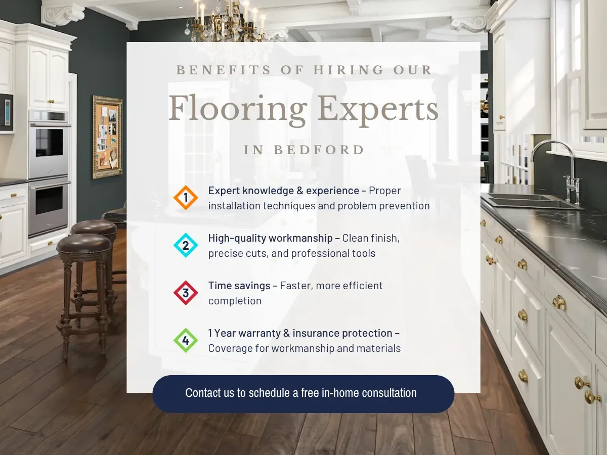 Expert flooring services in Bedford, IN. Faster, more efficient Bedford flooring services with a 1 year warranty and insurance protection