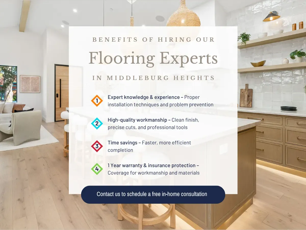 Middleburg Heights, OH, floor experts with a 1 year warranty on any and all materials and worksmanship.