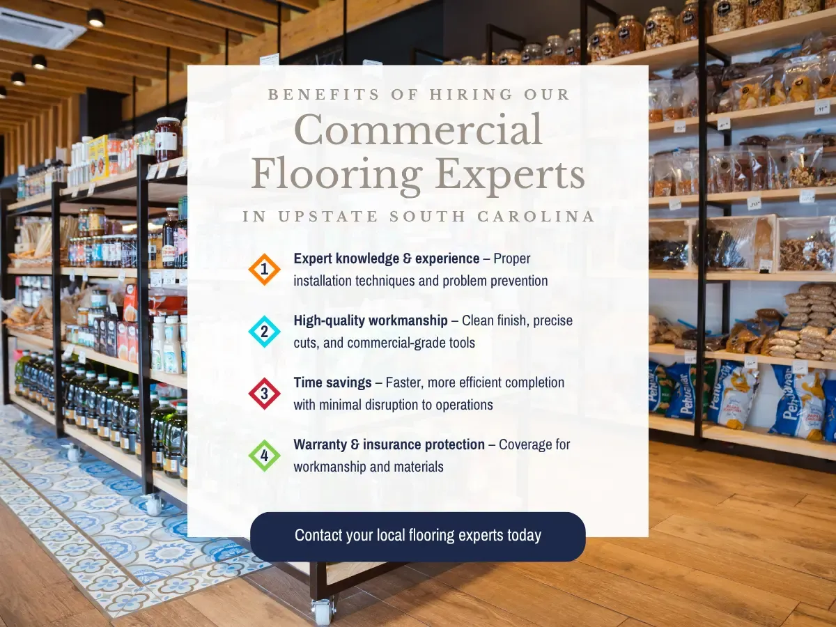 South Carolina flooring specialists examining samples and discussing commercial flooring solutions in a professional setting