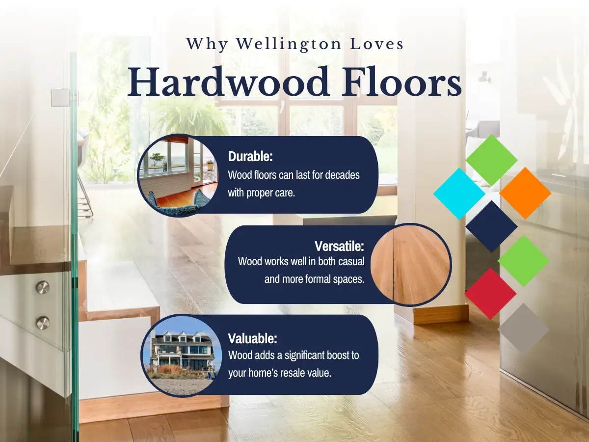 A cozy living room showcasing beautiful hardwood floors, highlighting their warmth and aesthetic appeal in Wellington homes.