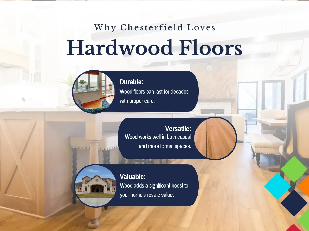 A close up of Charlotte's hardwood flooring in West County, MO, highlighting its lasting quality and her admiration for it.
