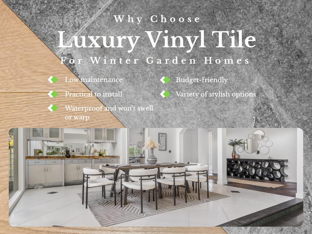 A modern bathroom featuring luxury vinyl tile, showcasing a stylish remodel in a Winter Garden home setting.