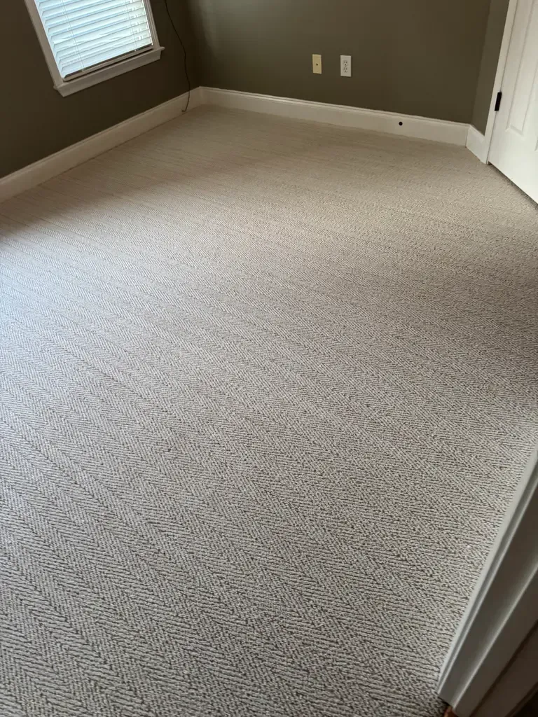 Empty room with beige carpet, gray-green walls, a white door, two electrical outlets, and a window with blinds letting in natural light.