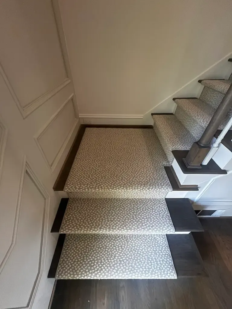 Carpeted staircase with a turn, dark wood steps, and white paneled walls, viewed from above.