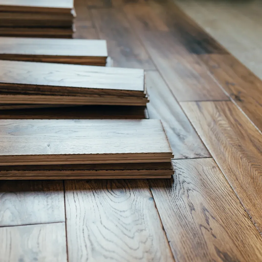 Close-up of a wooden floor showcasing various hardwood types in a warm, inviting tone, typical of West Palm Beach interiors.