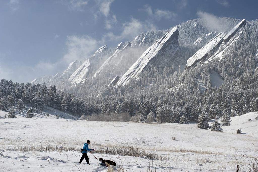 Winter Flatirons with hiker and dog