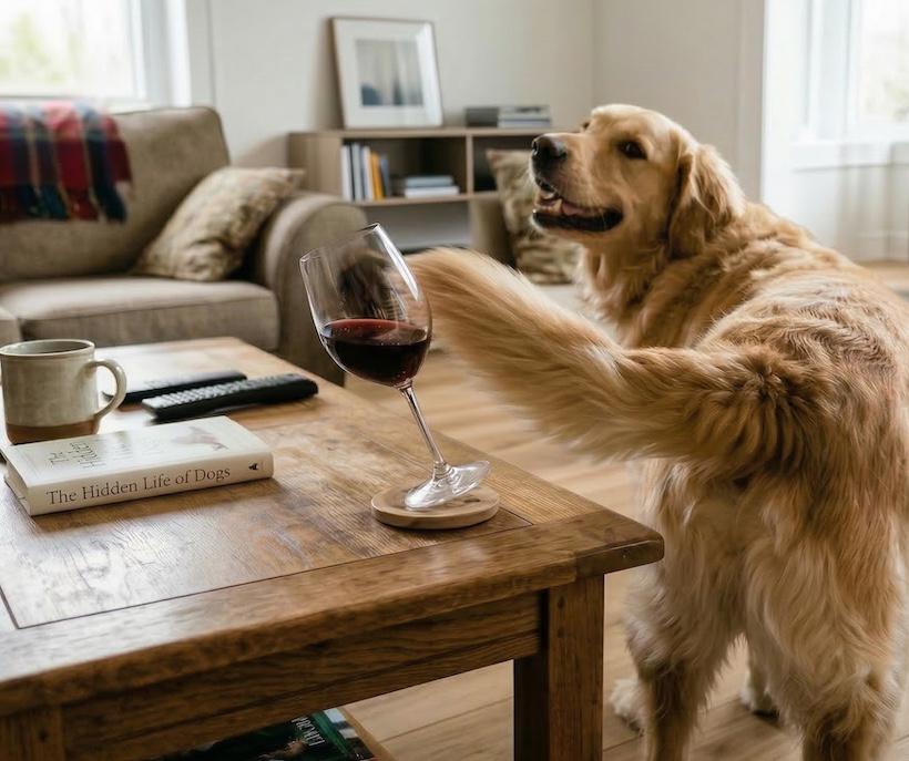 dog wagging tail hitting wine glass