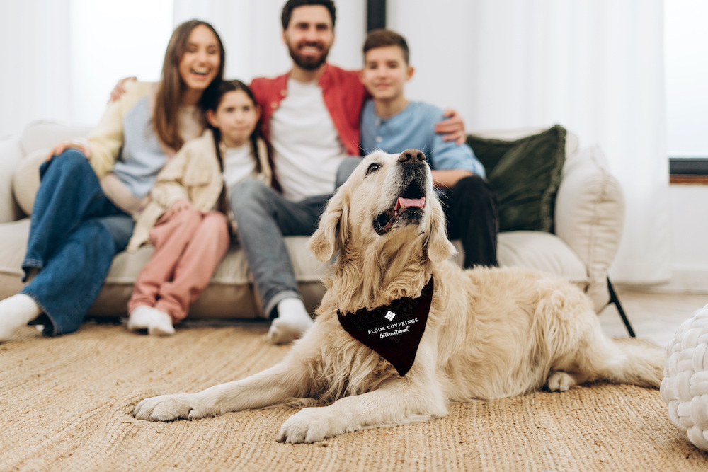 dog on floor with family behind